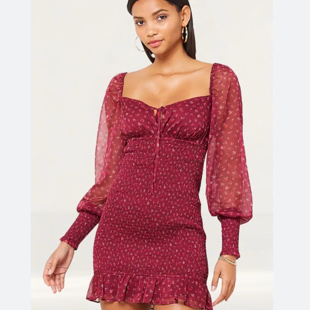 East Order Boho Romantic Burgundy Floral Smocked Dress Sheer Balloon Sleeves